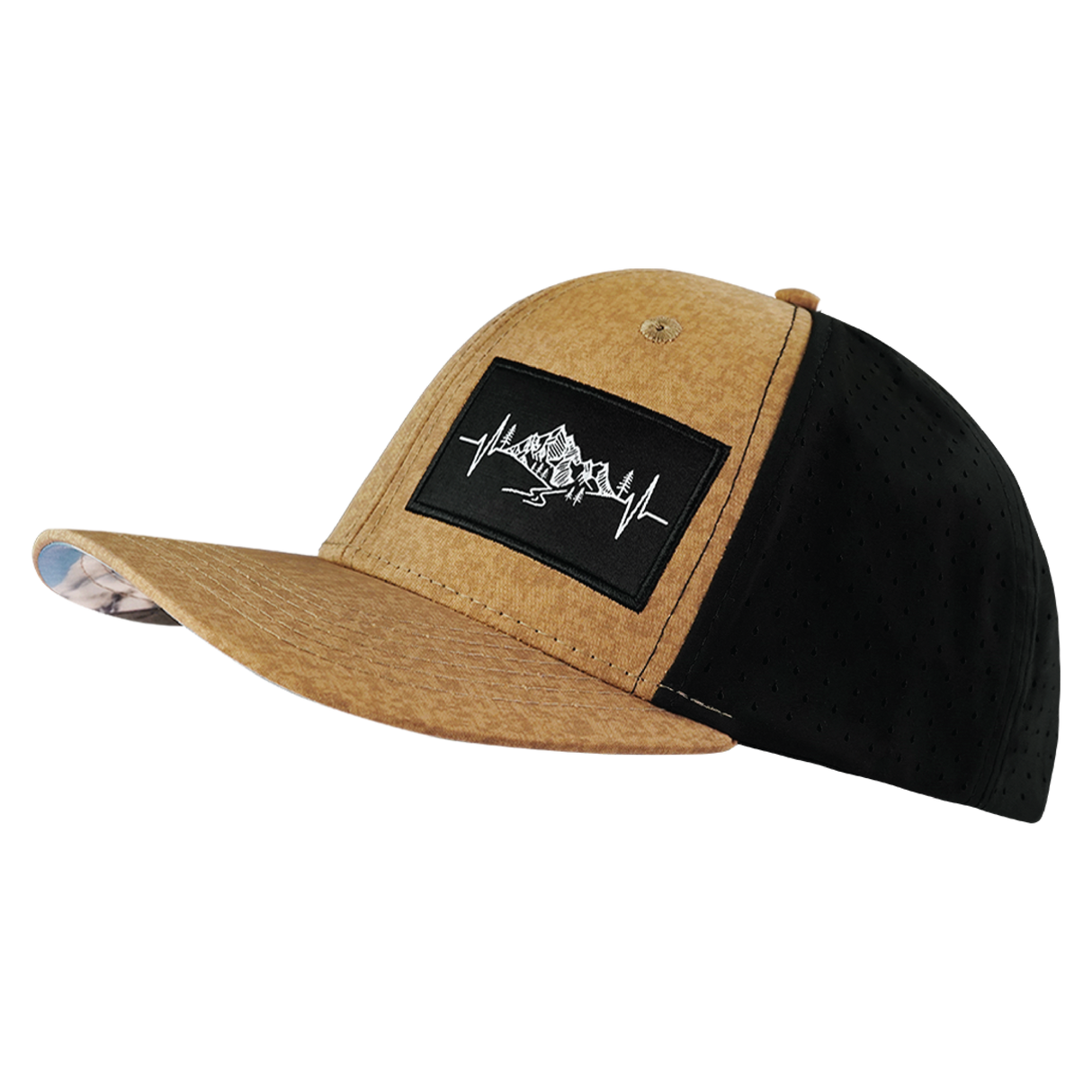 Mountains - 6 Panel - Tan Textured / Black - Laser Mesh (Unisex)
