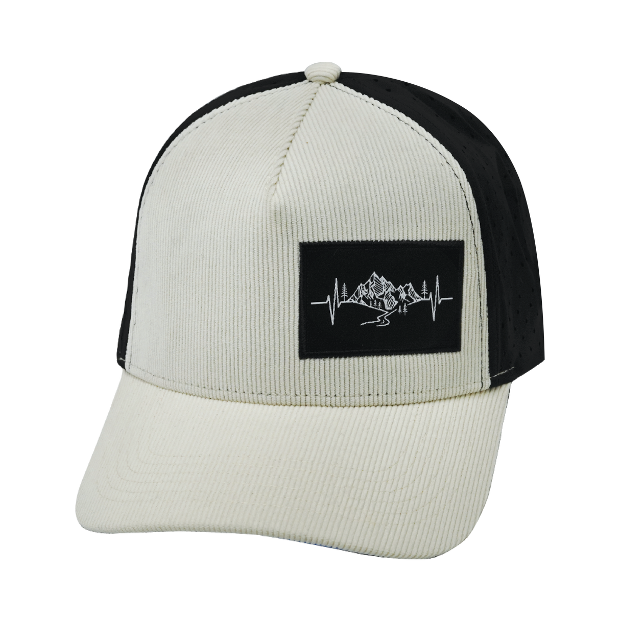 Mountains - 5 Panel - Structured - Corduroy - Cream / Black - Laser Mesh (Unisex)