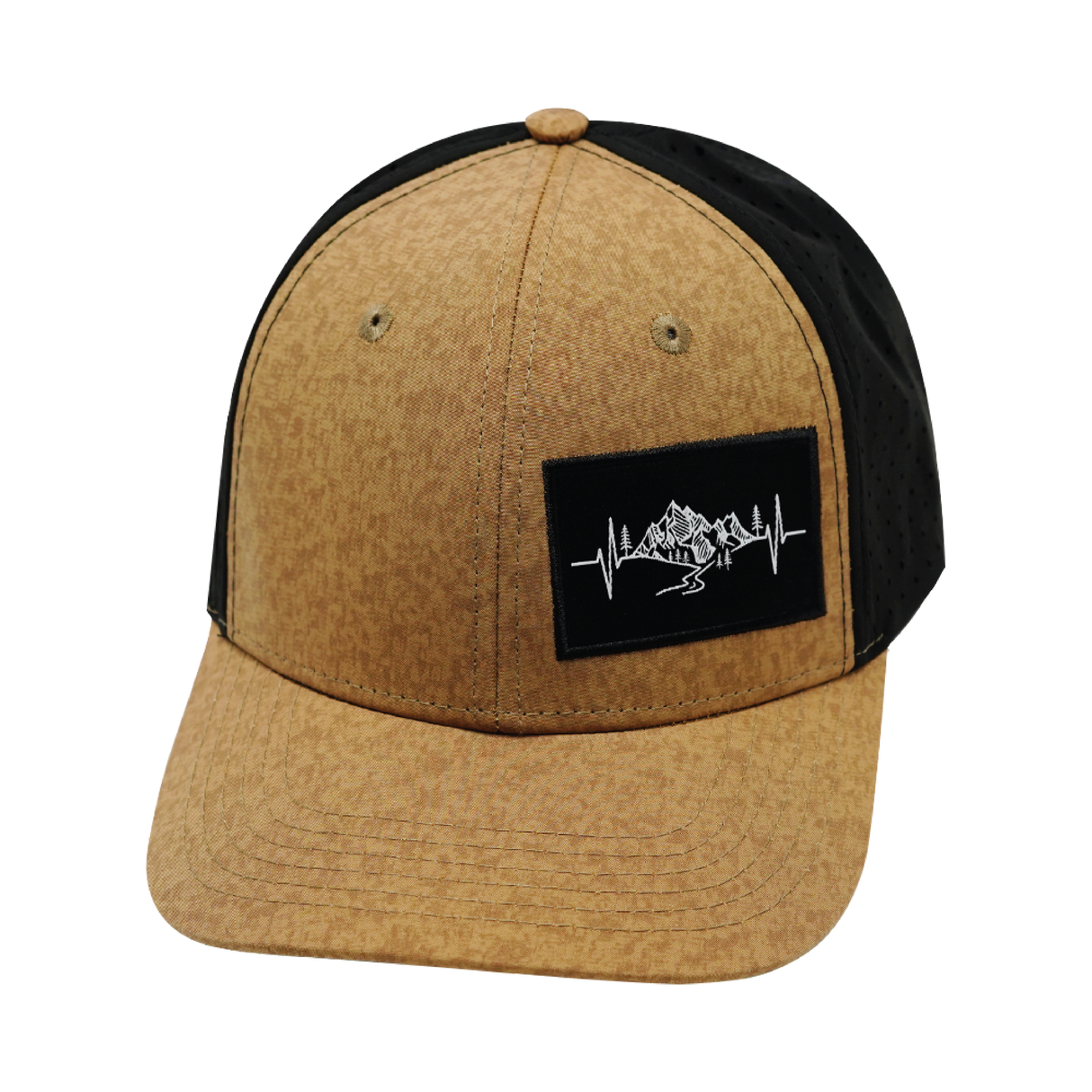 Mountains - 6 Panel - Tan Textured / Black - Laser Mesh (Unisex)