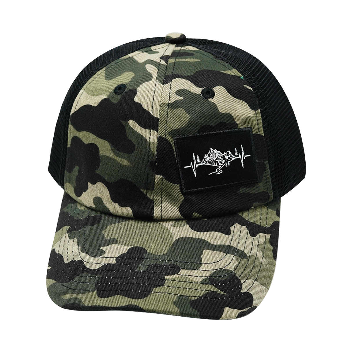 Mountains - 6 Panel - Unstructured - Camo / Black - Soft Trucker Mesh (Unisex)
