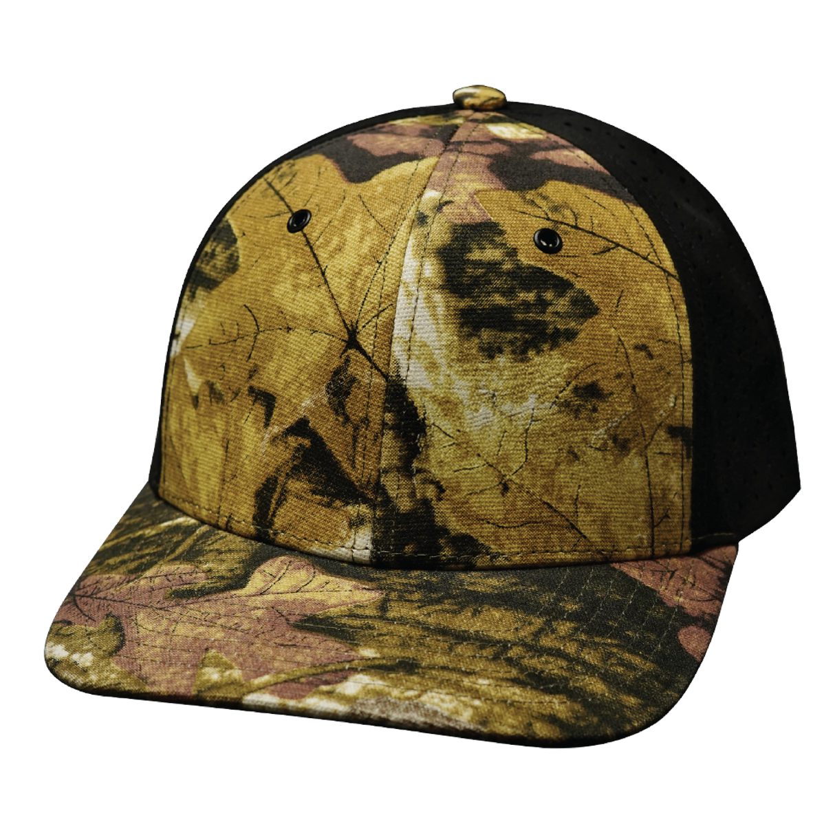 Blank 6 Panel hat — Maple Leaf Camo / Black, Laser Mesh