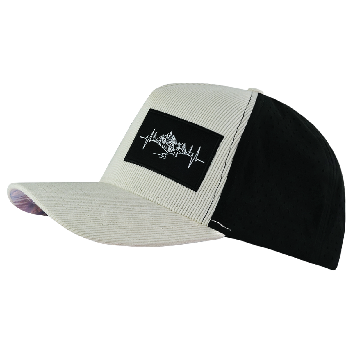 Mountains - 5 Panel - Structured - Corduroy - Cream / Black - Laser Mesh (Unisex)