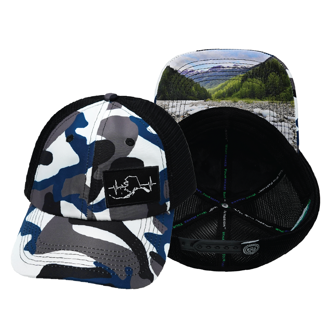 Alaska - 6 Panel - Unstructured - Camo - White / Gray / Blue / Black - Soft Trucker Mesh (Unisex)