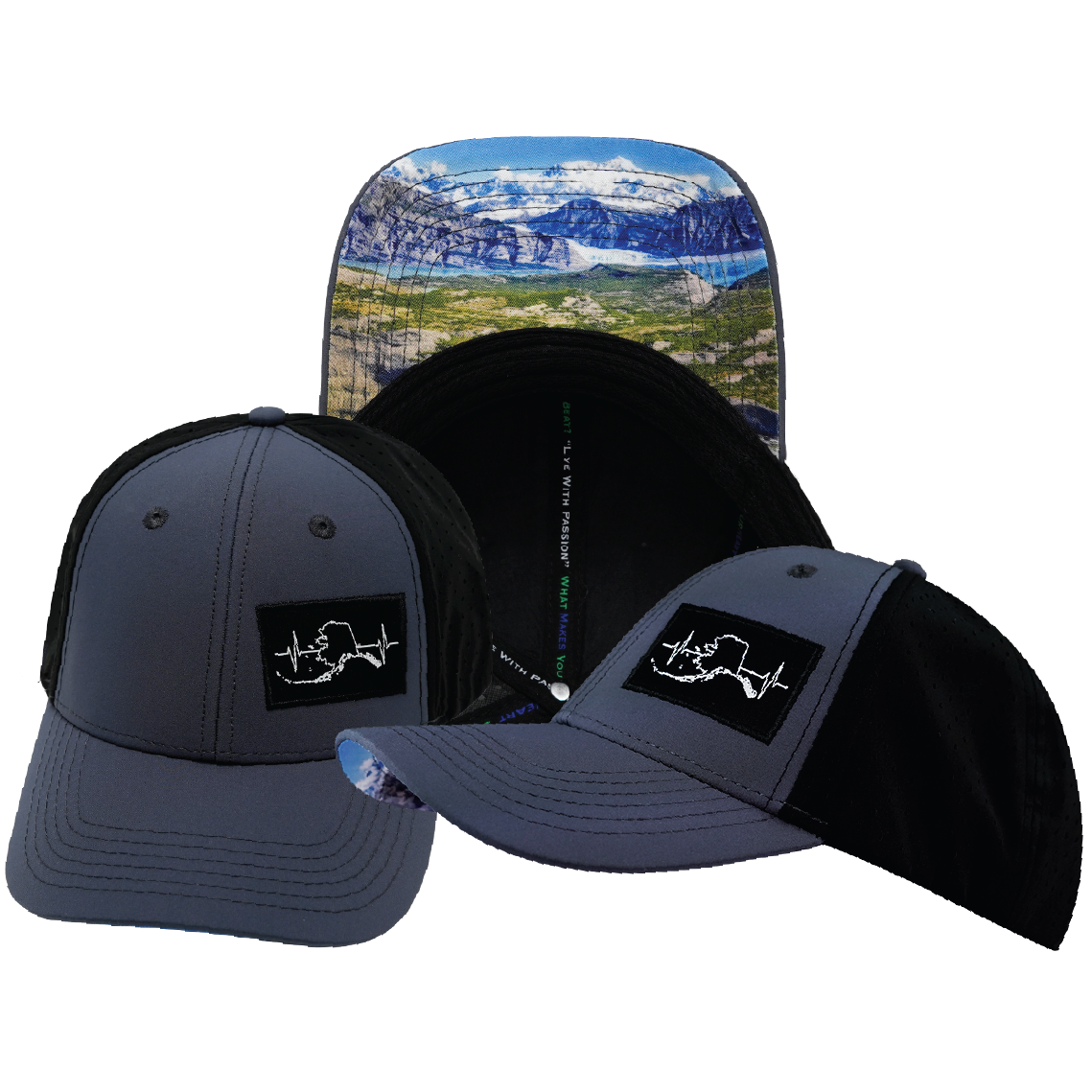 Alaska - 6 Panel - Shallow Fit - Pony Tail - Charcoal / Black - Laser Mesh (Unisex)