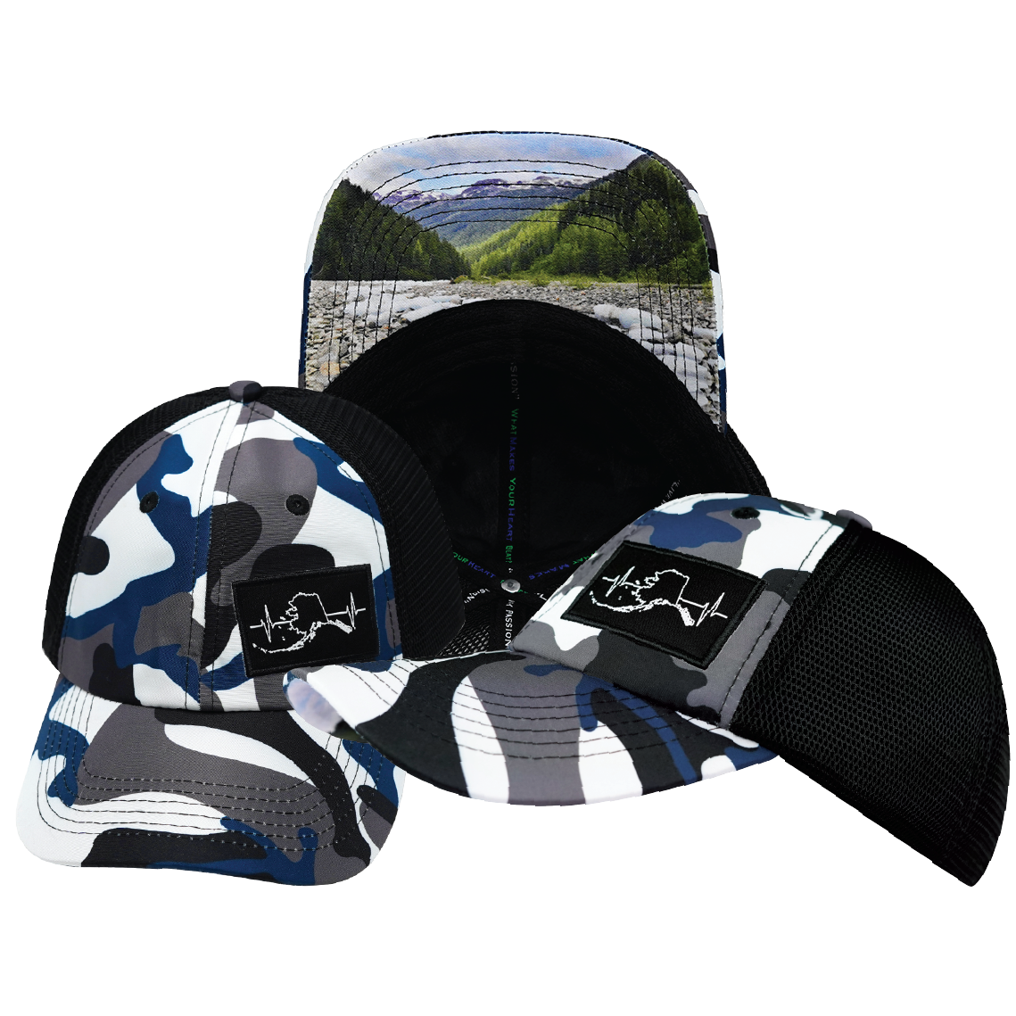 Alaska - 6 Panel - Unstructured - Camo - White / Gray / Blue / Black - Soft Trucker Mesh (Unisex)