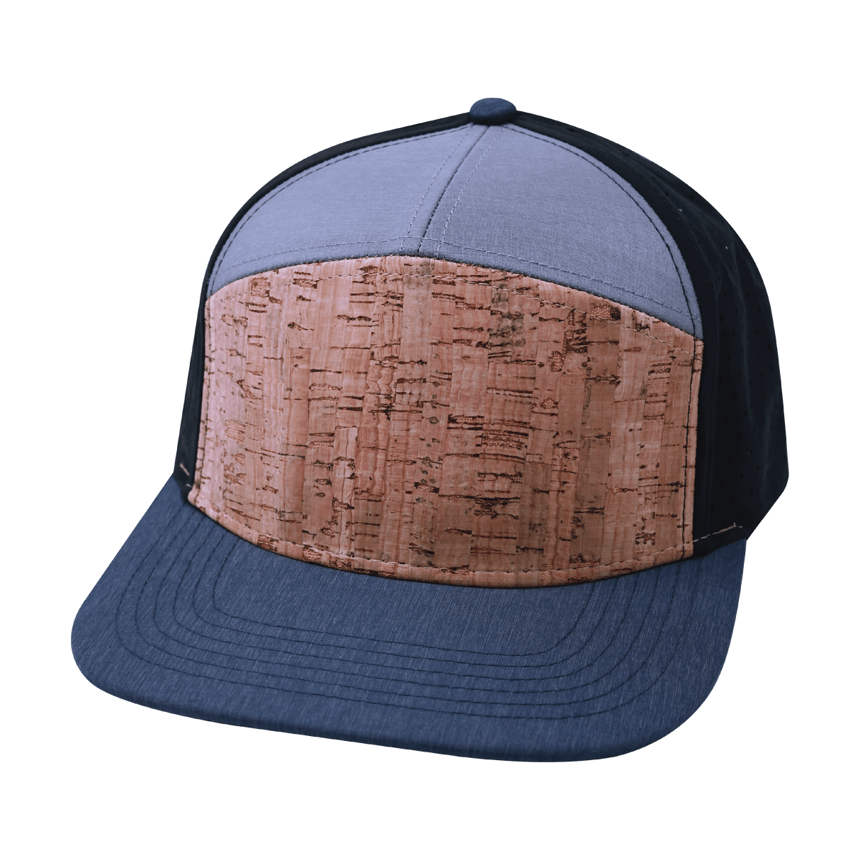 Blank 7 Panel hat — Cork, Navy / Gray / Black, Laser Mesh