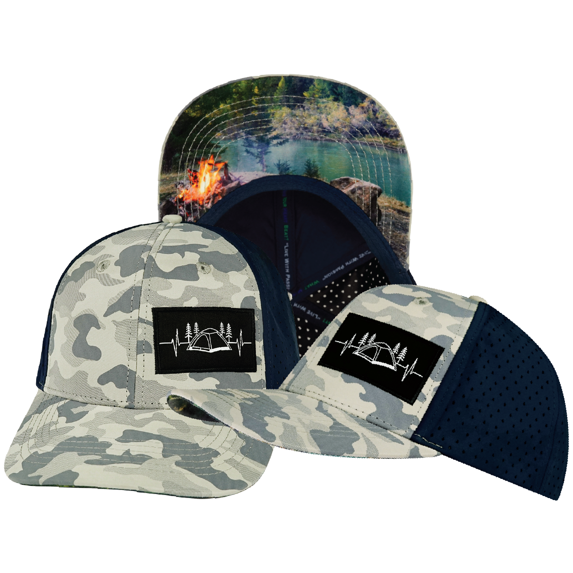 Camping - 6 Panel - Soft Gray Camo / Navy - Laser Mesh (Unisex)