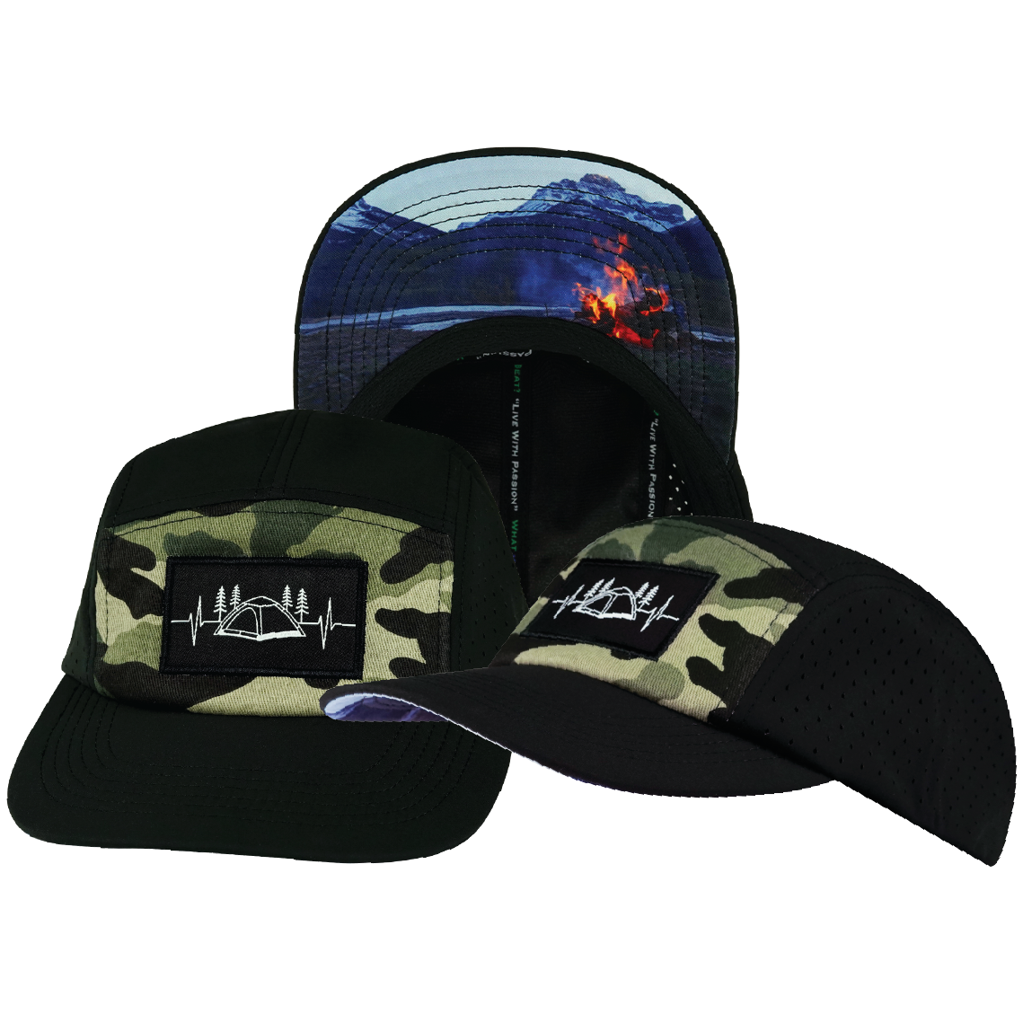 Camping - 5 Panel - Sporty - Unstructured - Black / Green Camo - Laser Mesh(Unisex)