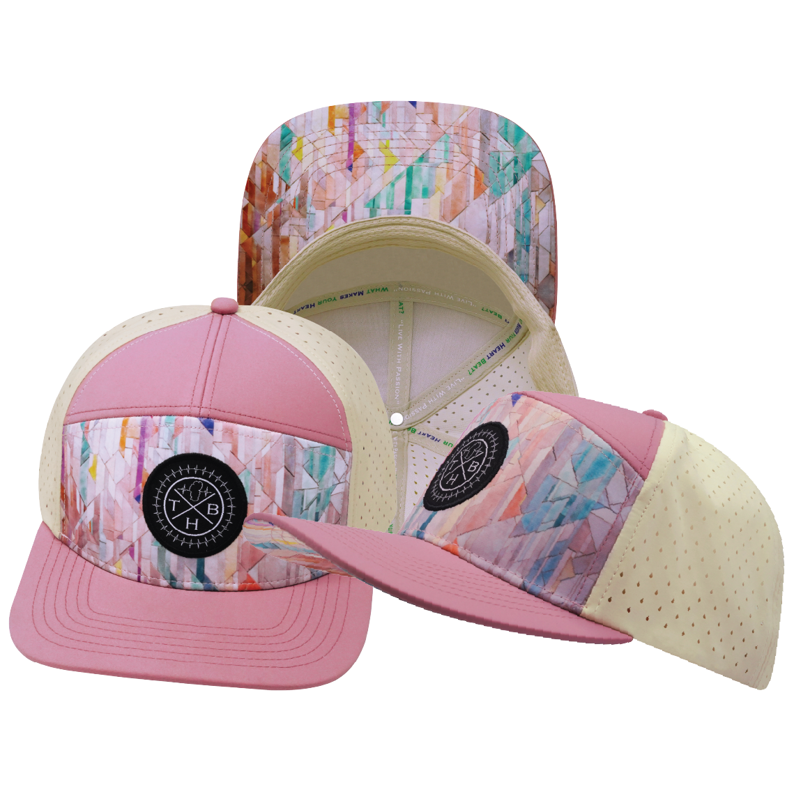 **YOUTH** THB - 7 Panel - Geo Mosaic - Pink Peach / Cream - Laser Mesh (Unisex)
