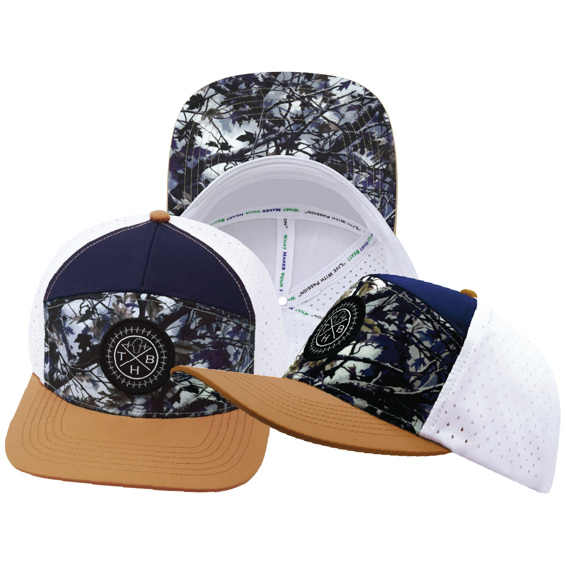 THB - 7 Panel - Evening Leaves - Light Tan / Navy / White - Laser Mesh (Unisex)