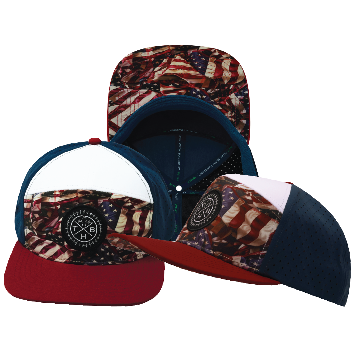 THB - 7 Panel - Silk Flag - Dark Red / White / Navy - Laser Mesh (Unisex)