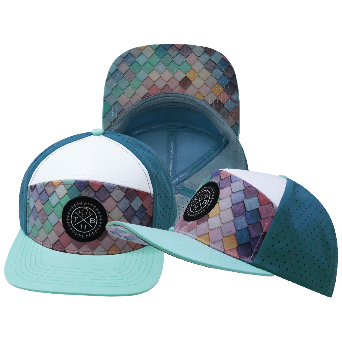 **YOUTH** THB - 7 Panel - Mosaic Scales - Mint / White / Slate Blue - Laser Mesh (Unisex)