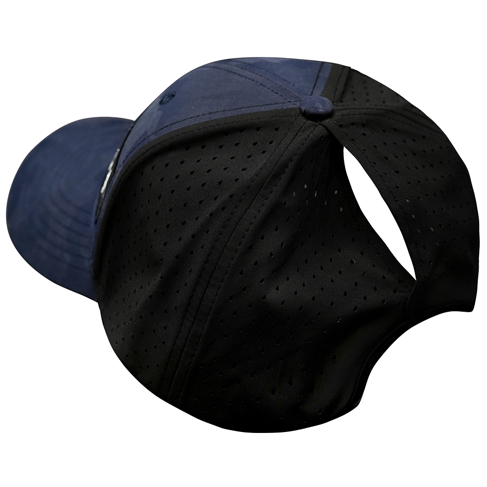 Fishing - 6 Panel - Shallow Fit - Pony Tail - Soft Navy Camo / Black - Laser Mesh (Unisex)