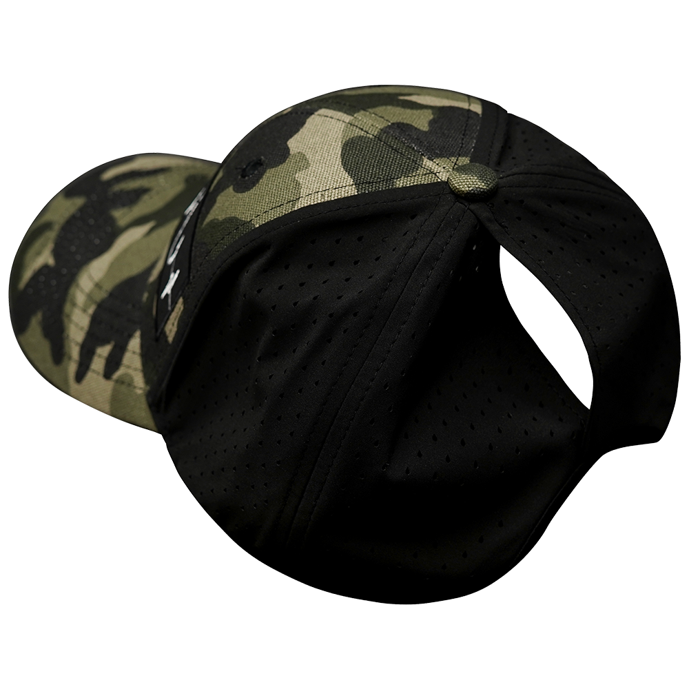 Fishing - 6 Panel - Shallow Fit - Pony Tail - Light Camo / Black - Laser Mesh (Unisex)