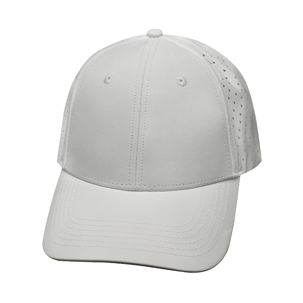 Blank 6 Panel hat — Shallow Fit, Pony Tail, White, Laser Mesh