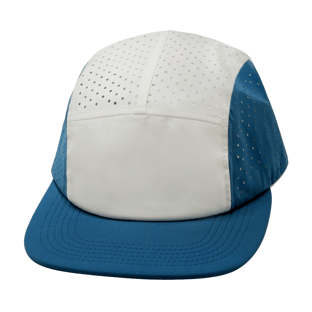 Blank 5 Panel hat — Sporty, Unstructured, Pony Tail, Light Blue / White, Laser Mesh
