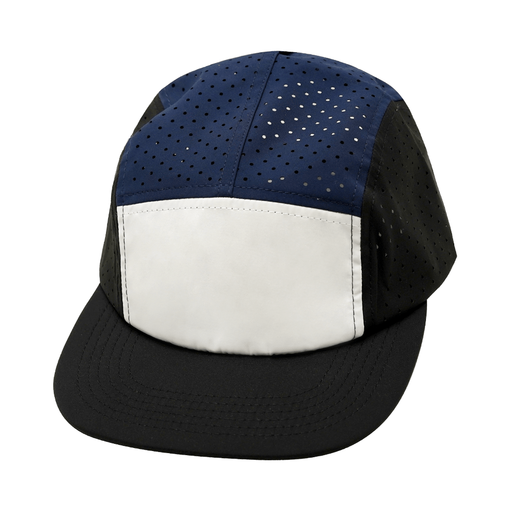 Blank 5 Panel hat — Sporty, Unstructured, Pony Tail, Black / White / Navy, Laser Mesh