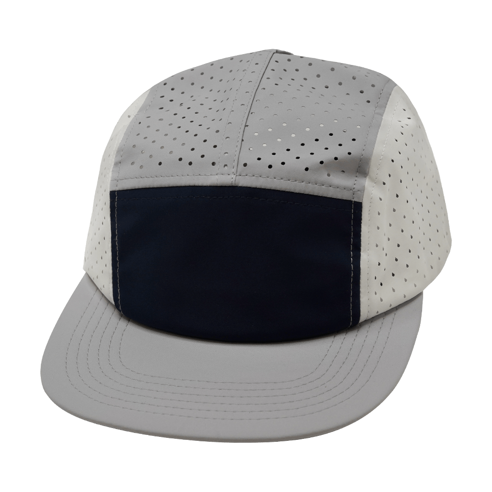 Blank 5 Panel hat — Sporty, Unstructured, Pony Tail, Gray / Navy / White, Laser Mesh