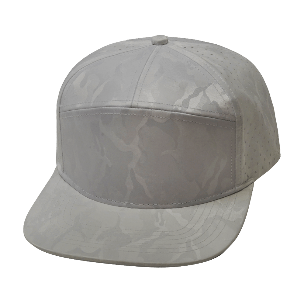Blank 7 Panel hat — White Camo, Laser Mesh