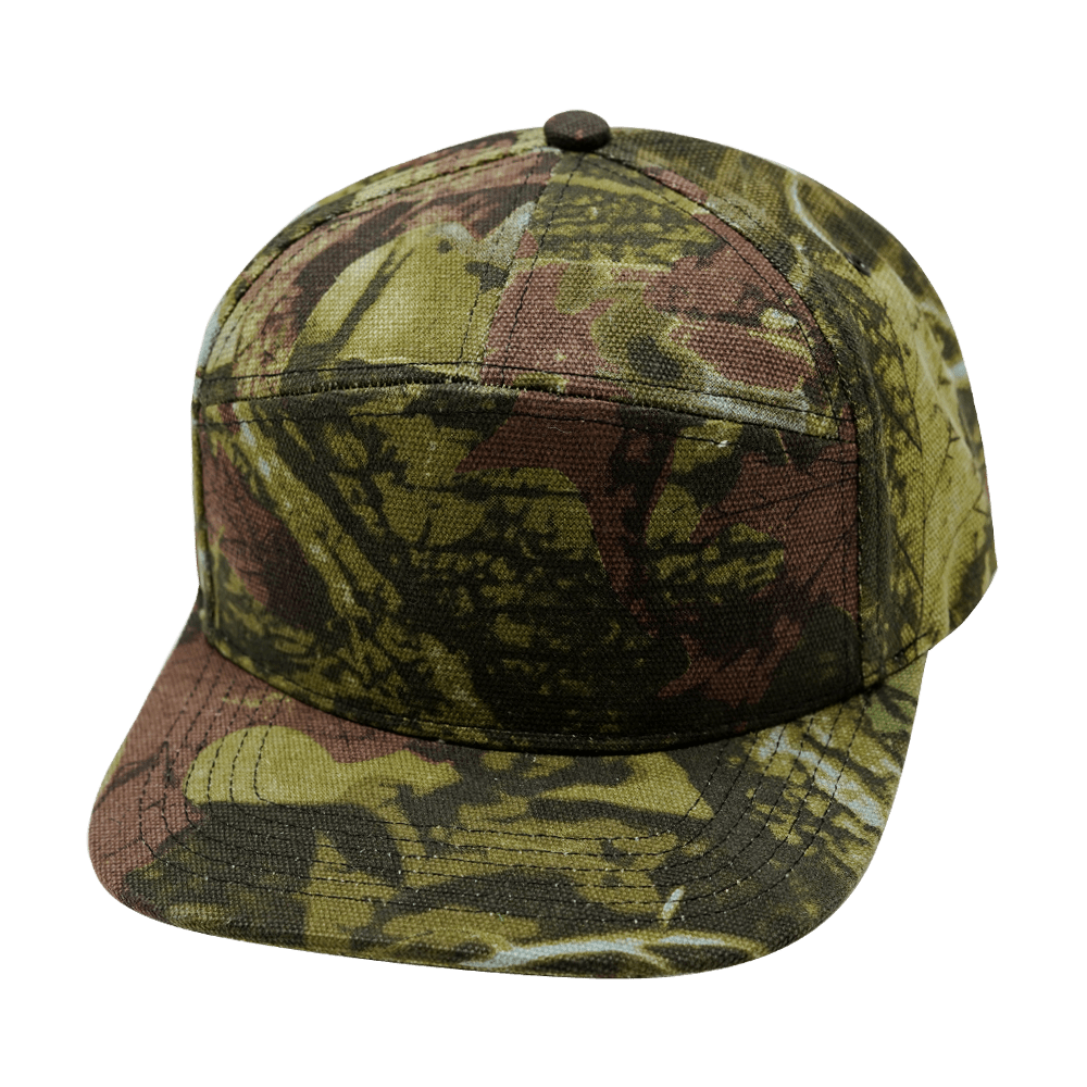 Blank 7 Panel hat — Green Tree Camo, Fabric Back