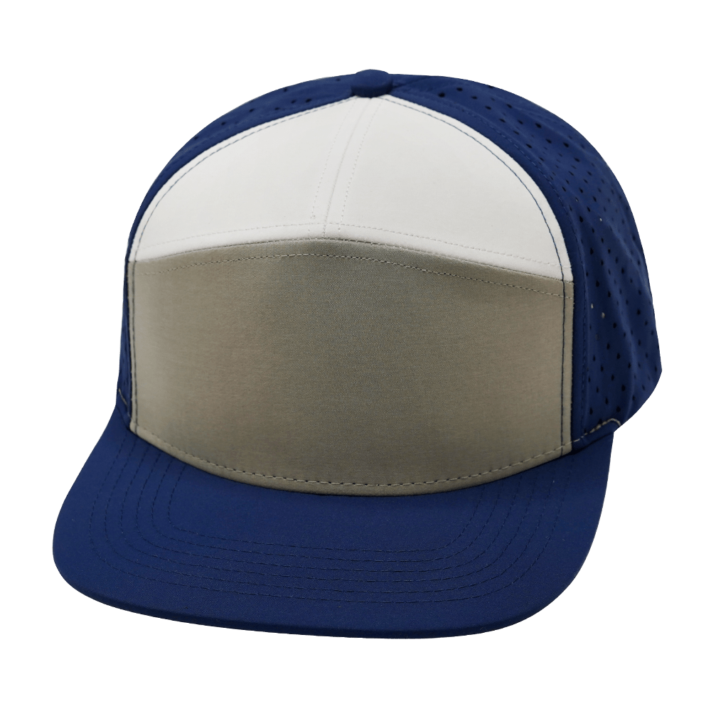 Blank 7 Panel hat — Navy / Gray / White, Laser Mesh