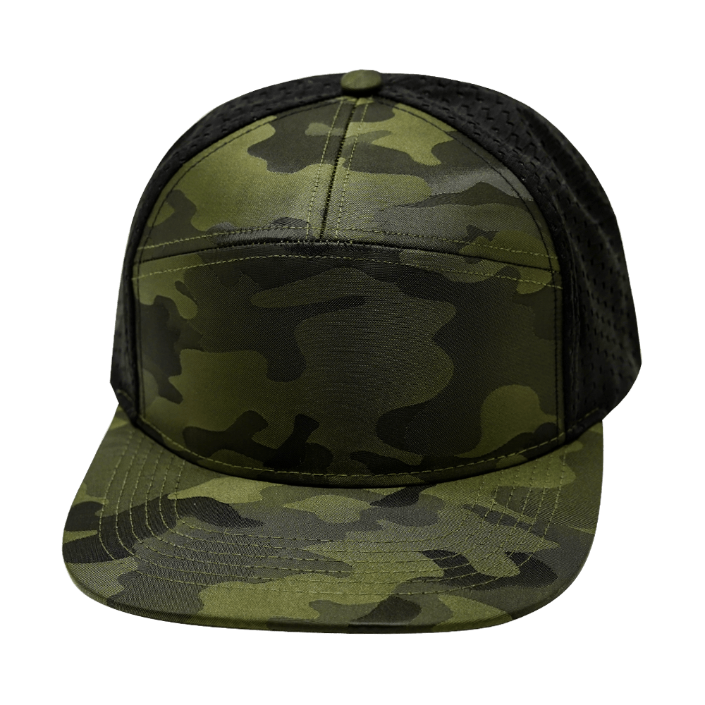 Blank 7 Panel hat — Green Camo / Black, Laser Mesh