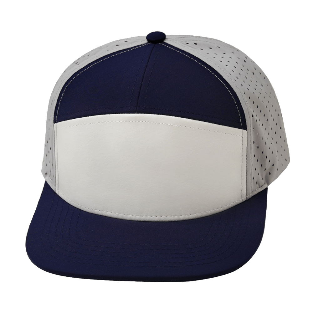 Blank 7 Panel hat — Navy / White / Gray, Laser Mesh
