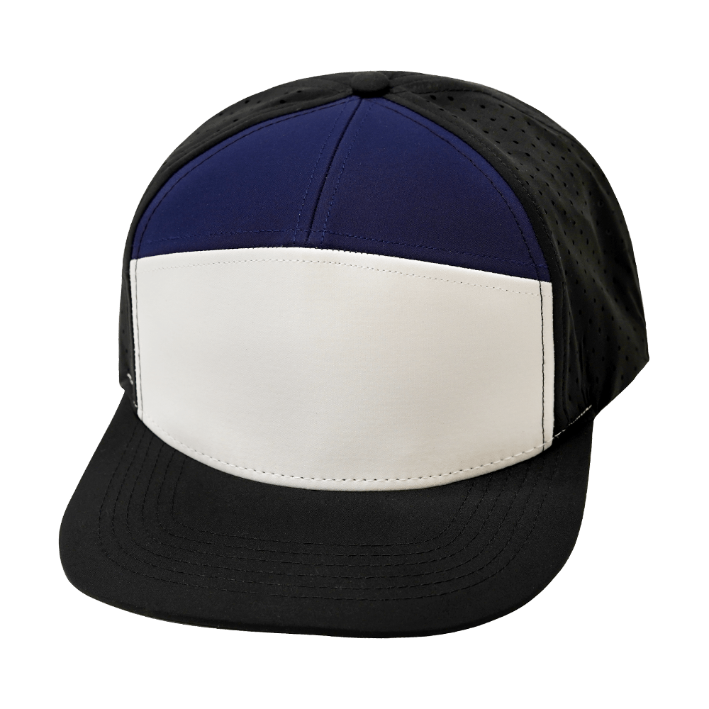 Blank 7 Panel hat — Black / White / Navy, Laser Mesh
