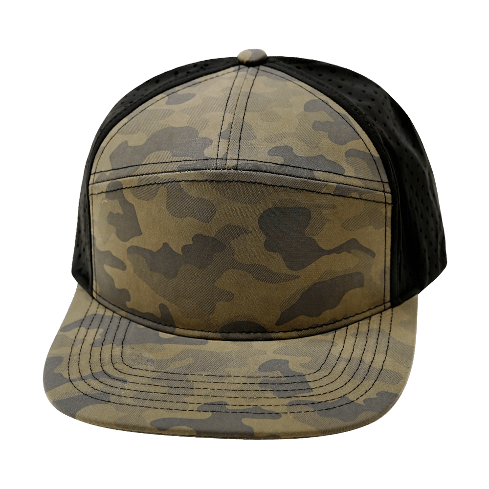 Blank 7 Panel hat — Mocha Camo / Black, Laser Mesh