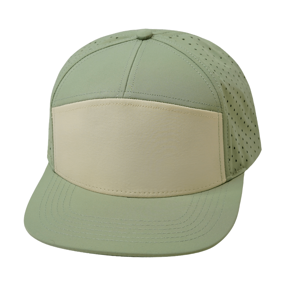 Blank 7 Panel hat — Sage / Cream, Laser Mesh