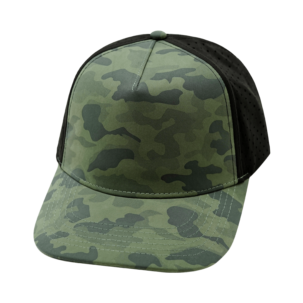 Blank 5 Panel hat — Structured, Teal Camo / Black, Laser Mesh