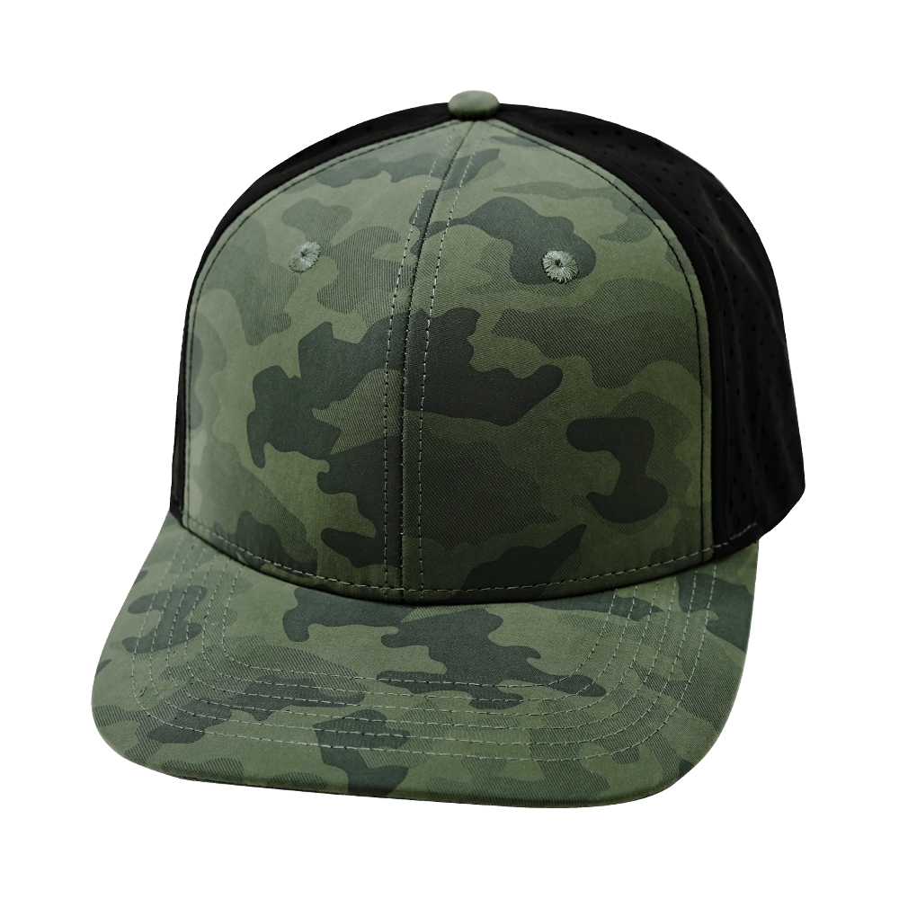 Blank 6 Panel hat — Teal Camo / Black, Laser Mesh