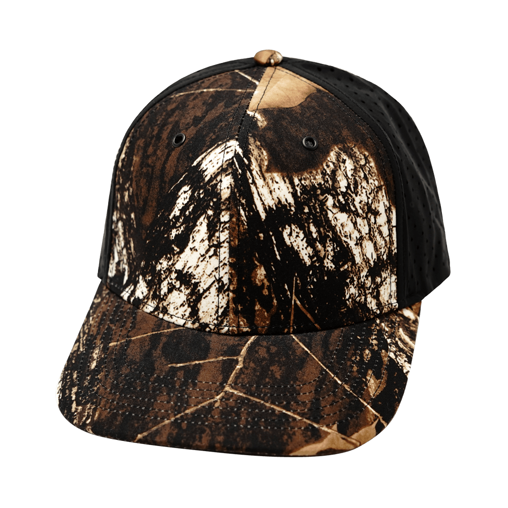 Blank 6 Panel hat — Natural Tree Camo / Black, Laser Mesh