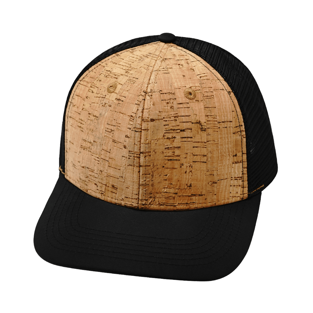 Blank 6 Panel hat — Cork, Textured Black, Trucker Mesh