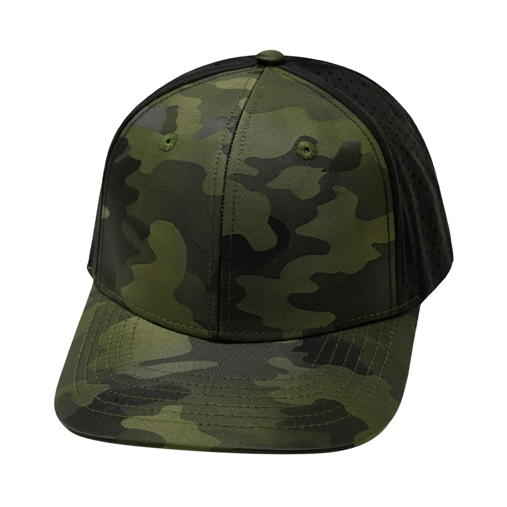 Blank 6 Panel hat — Green Camo / Black, Laser Mesh