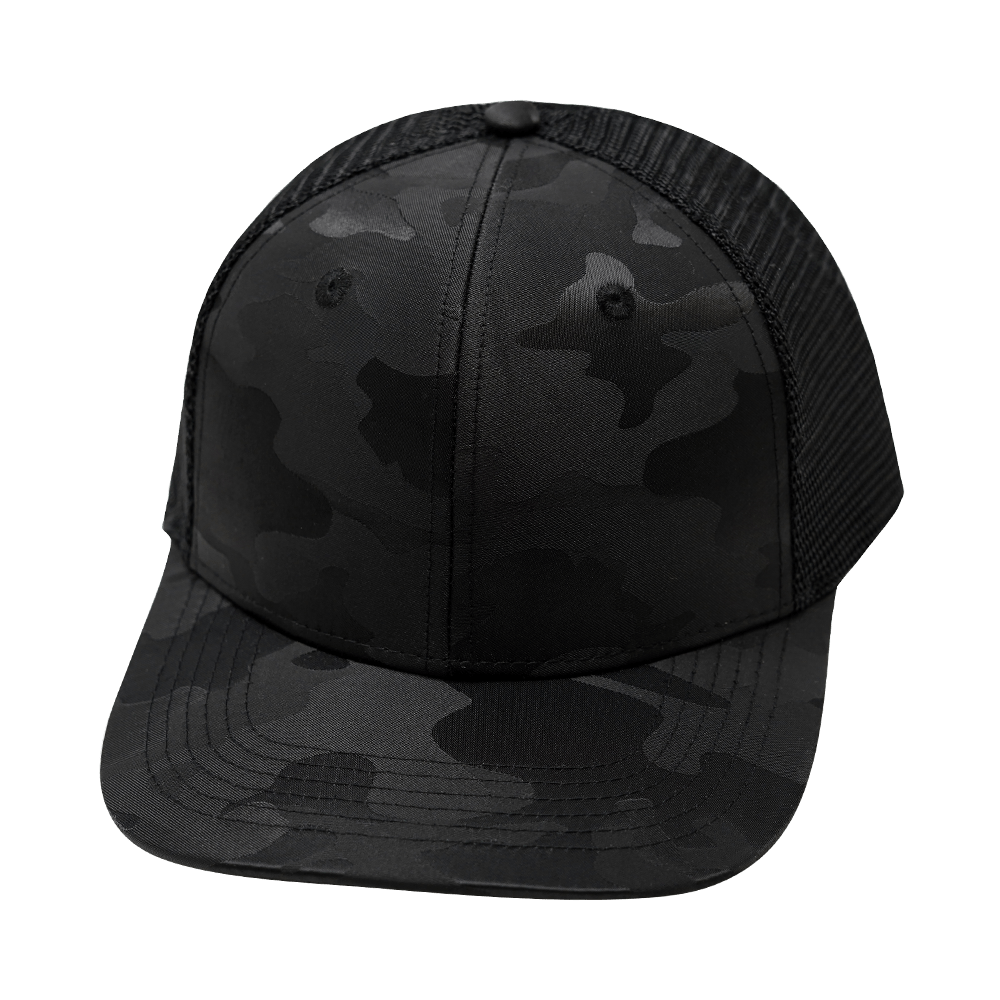 Blank 6 Panel hat — Black Camo / Black Trucker Mesh