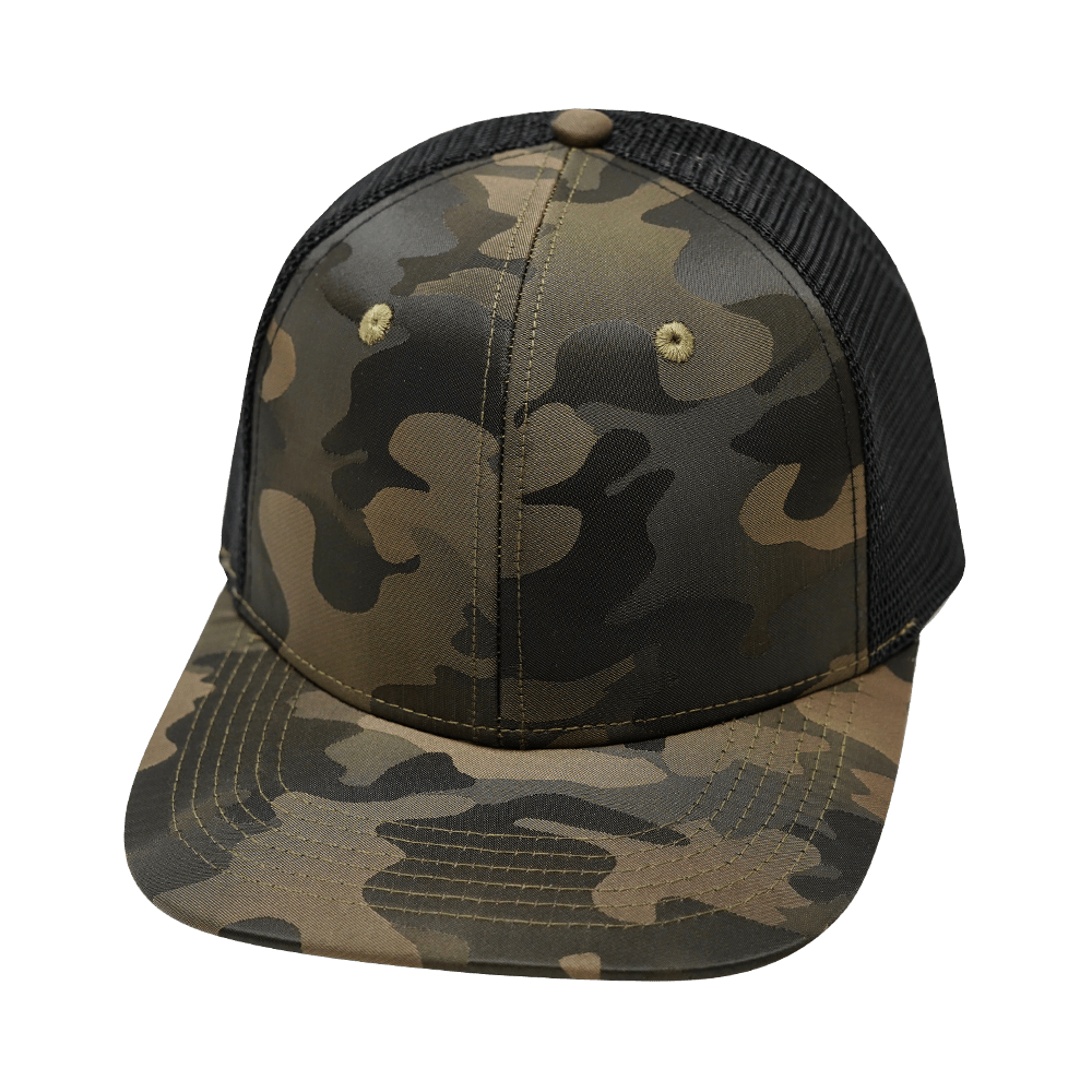 Blank 6 Panel hat — Tan Camo / Black, Trucker Mesh