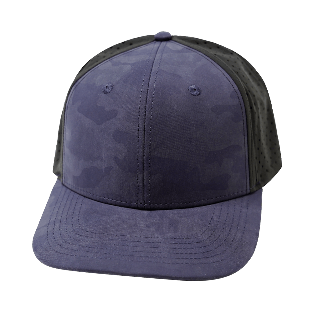 Blank 6 Panel hat — Soft Blue Camo / Black, Laser Mesh