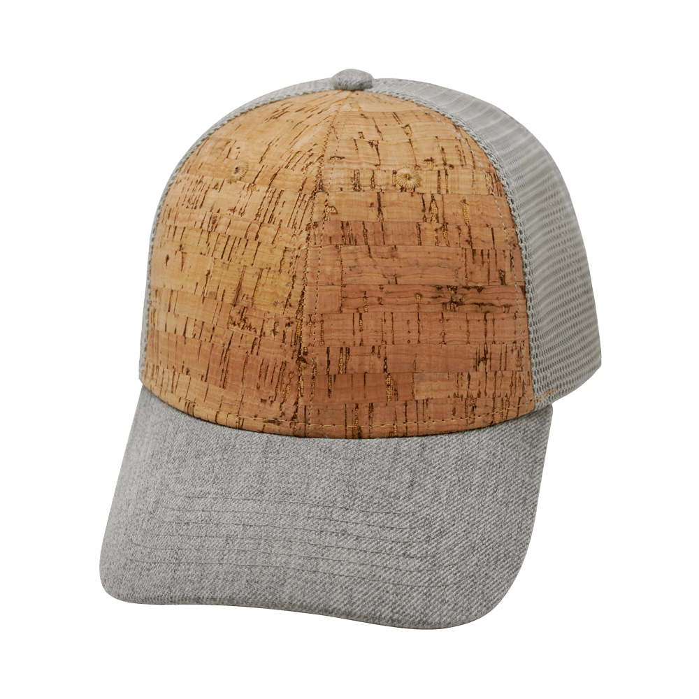 Blank 6 Panel hat — Shallow Fit, Cork, Heather Gray / Gray Trucker Mesh