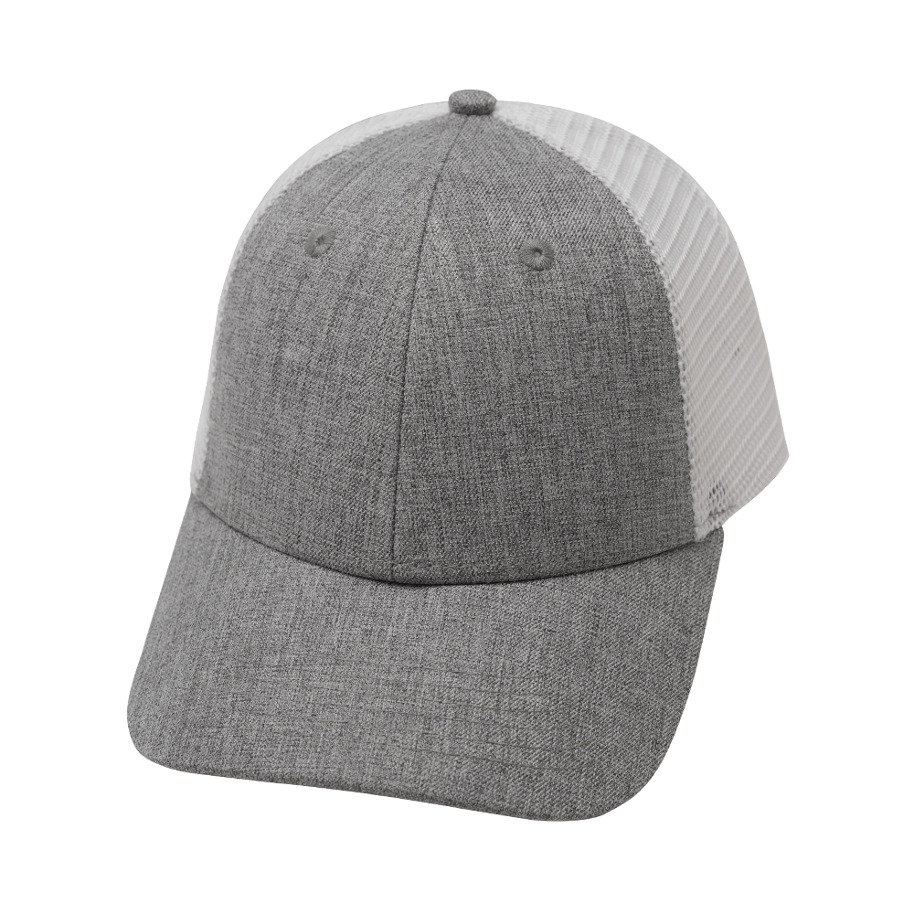 Blank 6 Panel hat — Shallow Fit, Gray / White Trucker Mesh