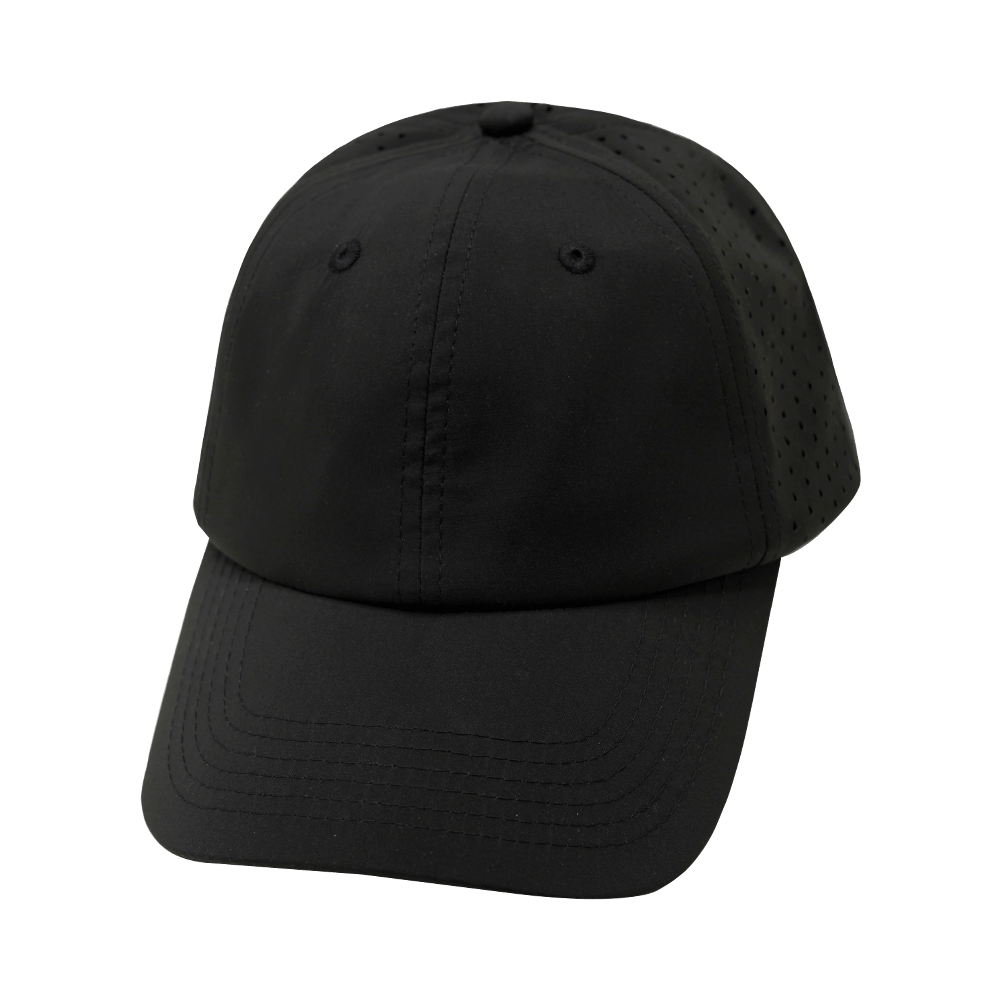 Blank 6 Panel hat — Unstructured, Relaxed Fit, Pony Tail, Black, Laser Mesh