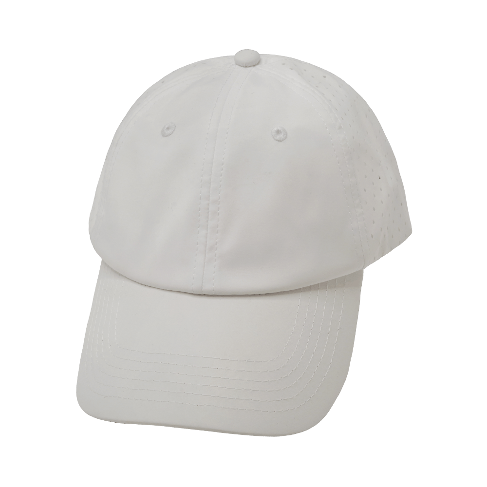Blank 6 Panel hat — Unstructured, Relaxed Fit, Pony Tail, White, Laser Mesh