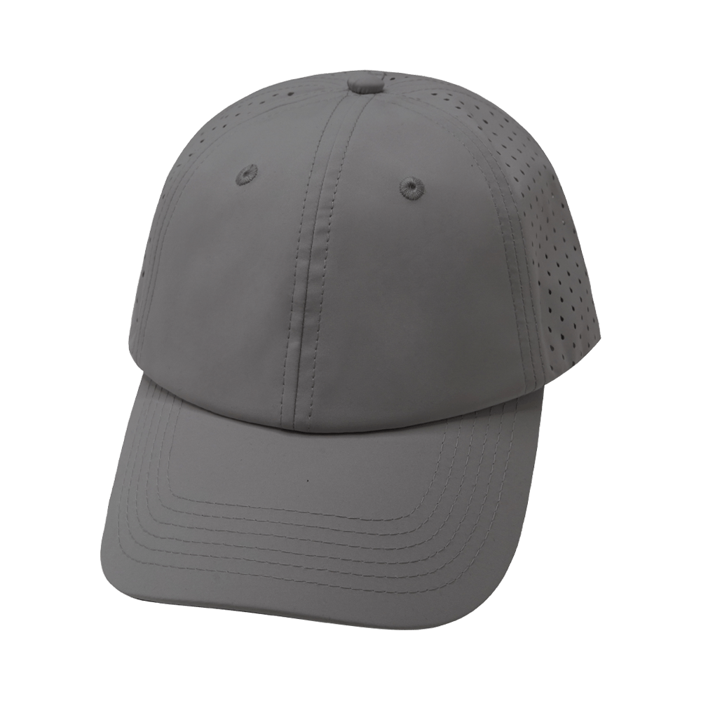 Blank 6 Panel hat — Unstructured, Relaxed Fit, Pony Tail, Gray, Laser Mesh