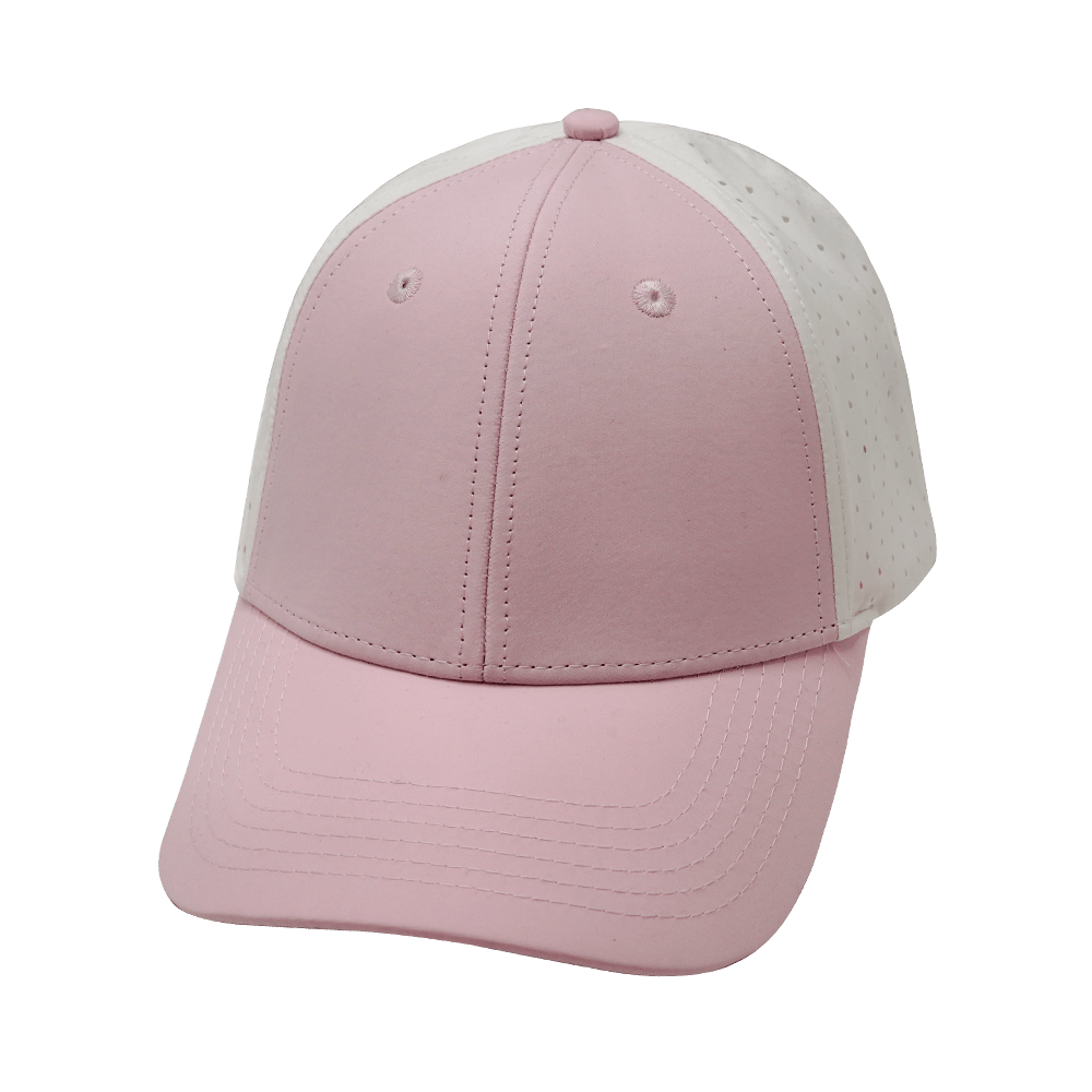 Blank 6 Panel hat — Shallow Fit, Pony Tail, Light Pink / White, Laser Mesh