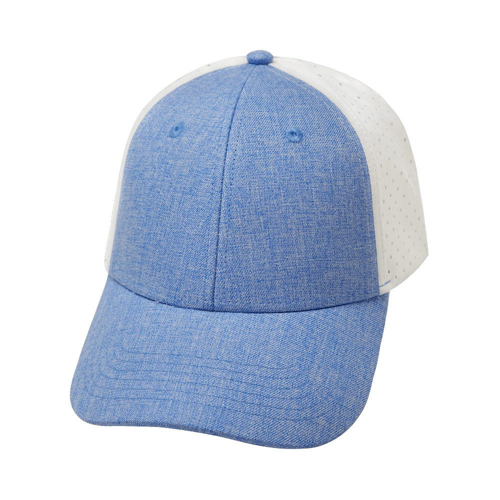 Blank 6 Panel hat — Shallow Fit, Pony Tail, Light Blue / White, Laser Mesh