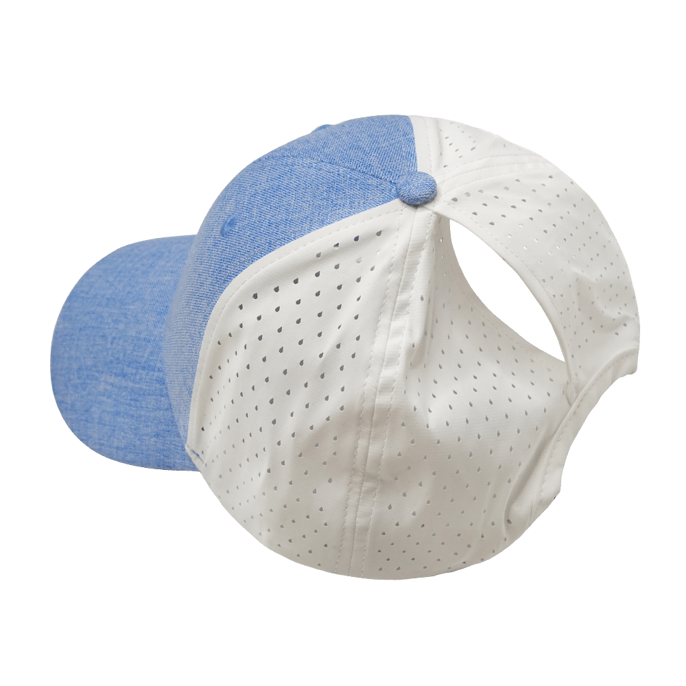Blank - 6 Panel - Shallow Fit - Pony Tail - Light Blue / White (Unisex) - Laser Mesh