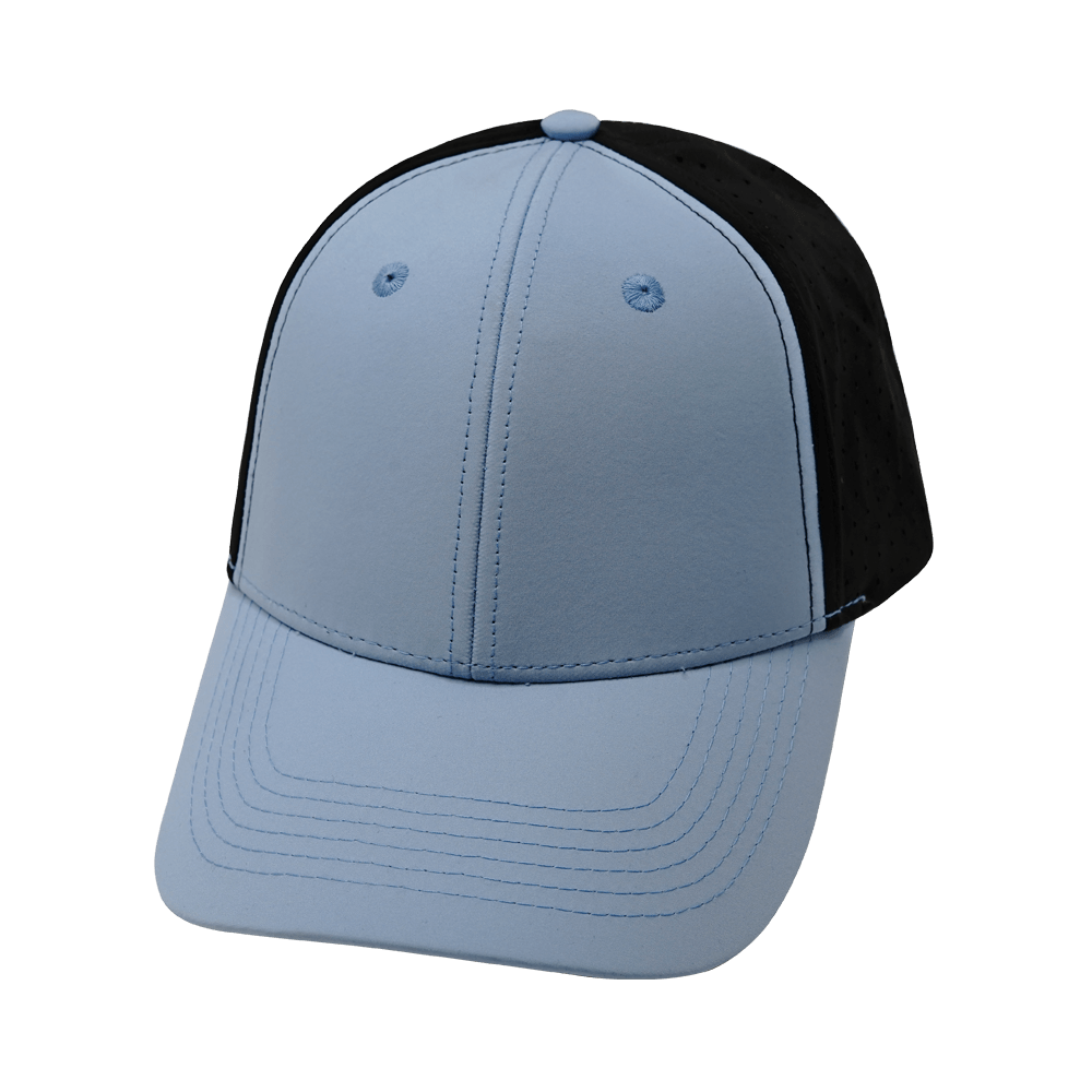 Blank 6 Panel hat — Shallow Fit, Pony Tail, Baby Blue / Black, Laser Mesh