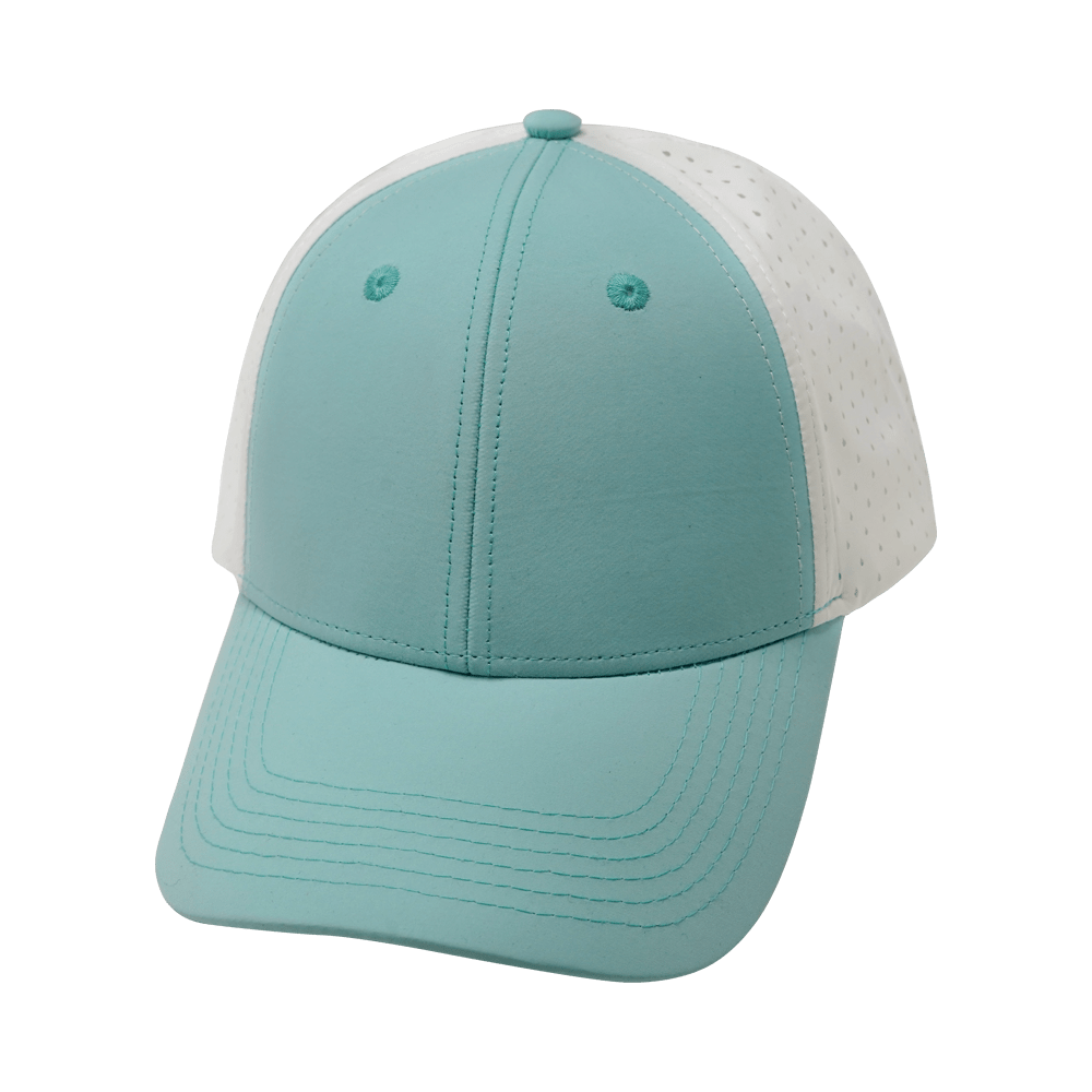 Blank 6 Panel hat — Shallow Fit, Pony Tail, Mint Green / White, Laser Mesh