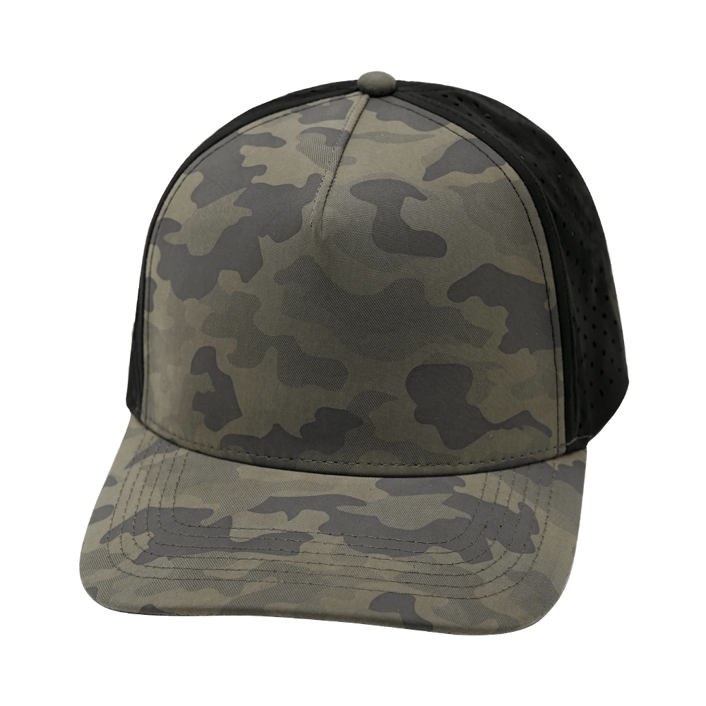 Blank 5 Panel hat — Structured, Charcoal Camo / Black, Laser Mesh