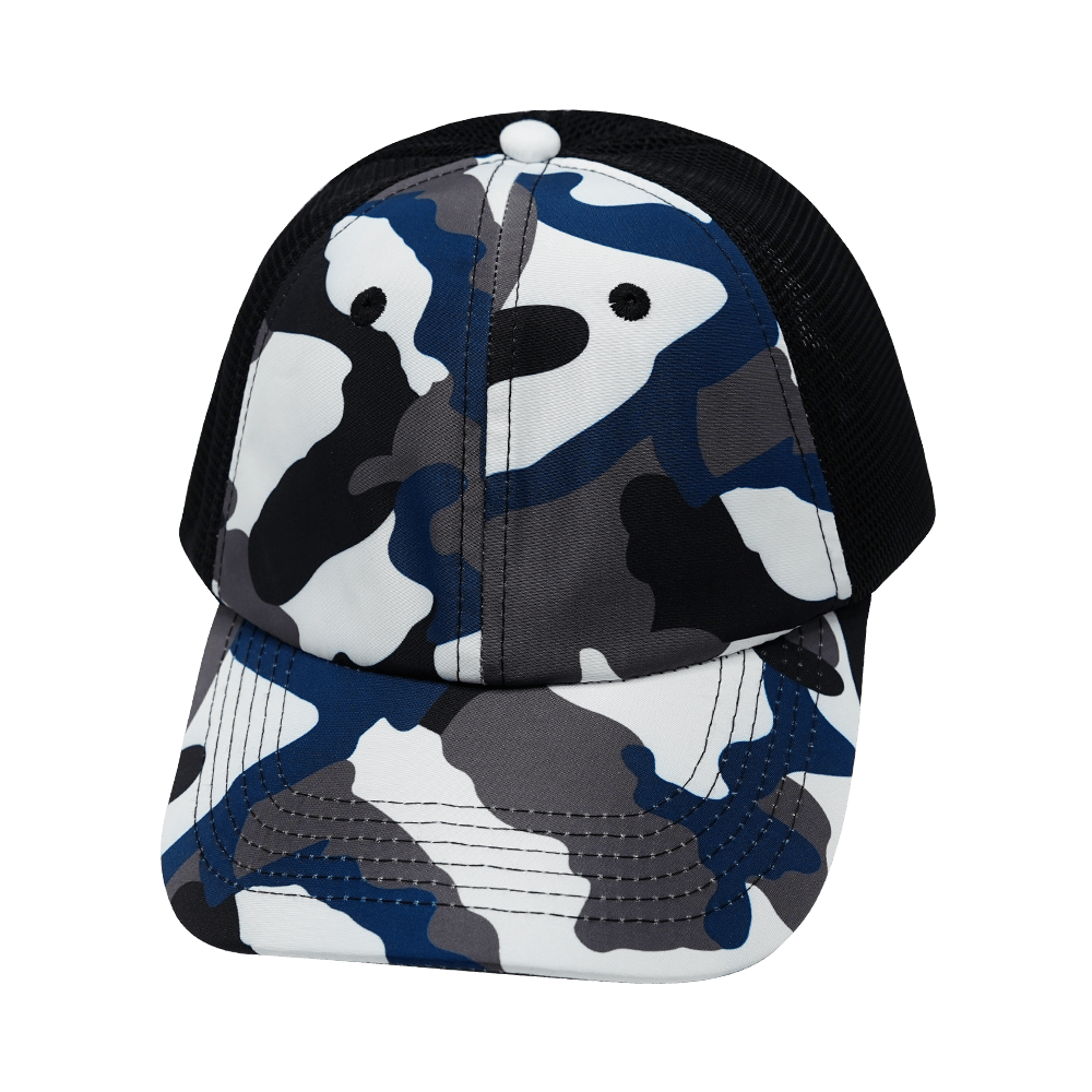 Blank - 6 Panel - Unstructured - Camo - Cream / Gray / Blue / Black (Unisex) - Soft Trucker Mesh
